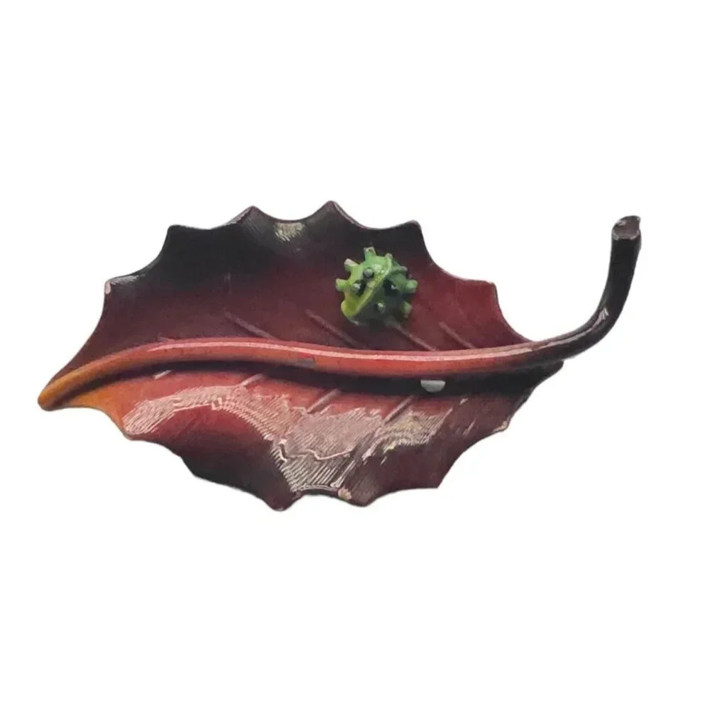 Ladybug Leaf Shaped Red Enamel Brooch Pin Gold Tone Vintage